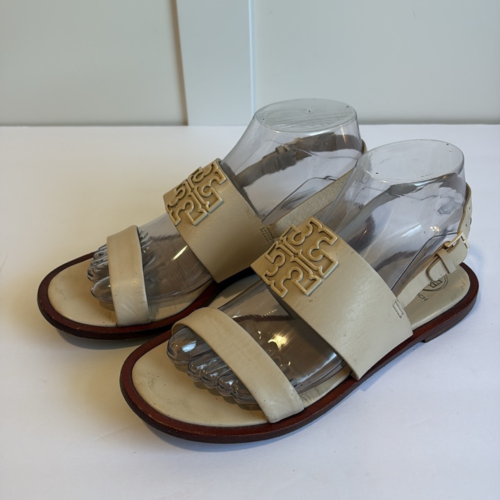 Tory Burch Cream Leather Double-Strap Logo Flat Sandals - Picture 2 of 10